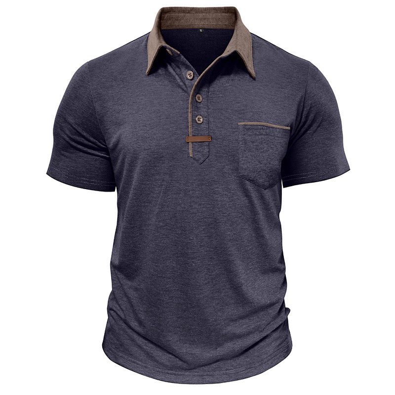 blue polo shirt with brown collar and buttons for men