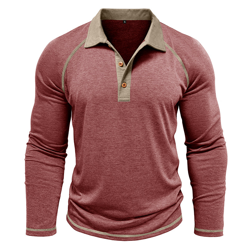 Contrast Collar Long Sleeve Polo Shirt