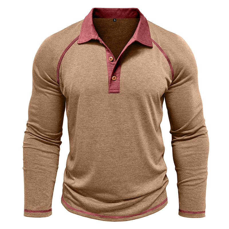 Contrast Collar Long Sleeve Polo Shirt