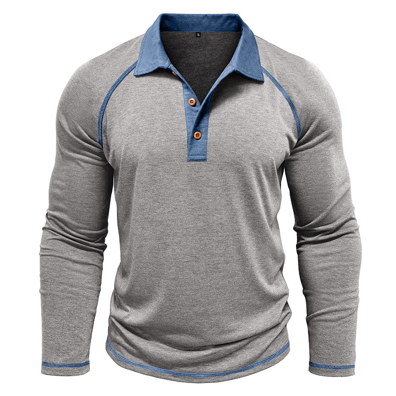 Contrast Collar Long Sleeve Polo Shirt