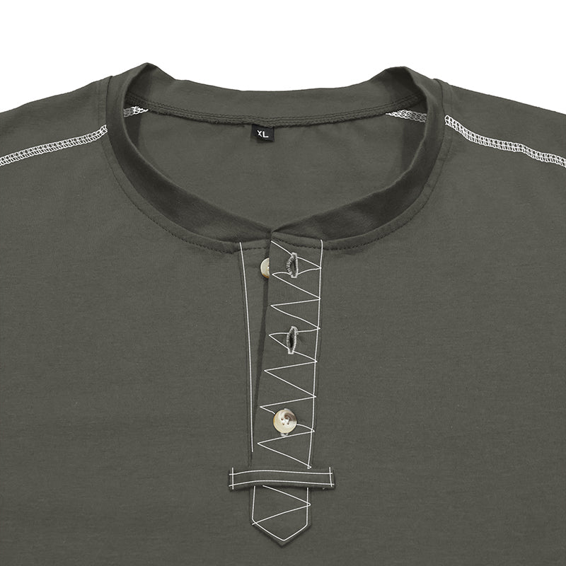 Men’s Henley T-shirt neckline with contrast stitching and button detail 