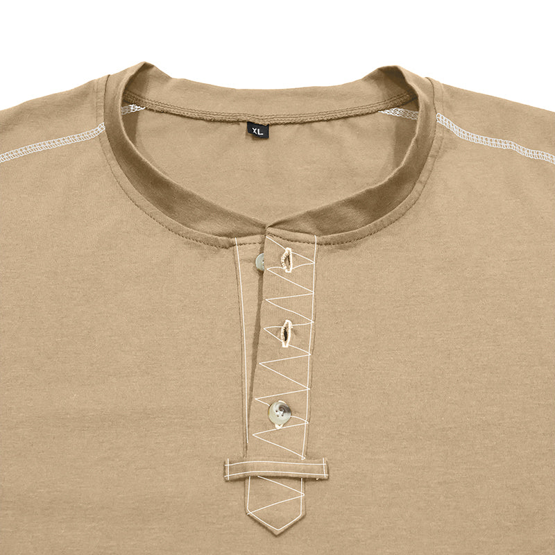 Long sleeve Henley shirt button placket and contrast stitch detail
