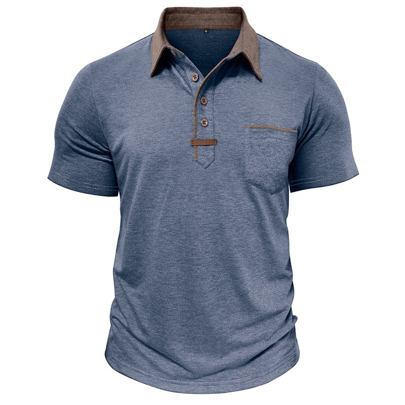 men's blue henley polo shirt with brown collar and buttons