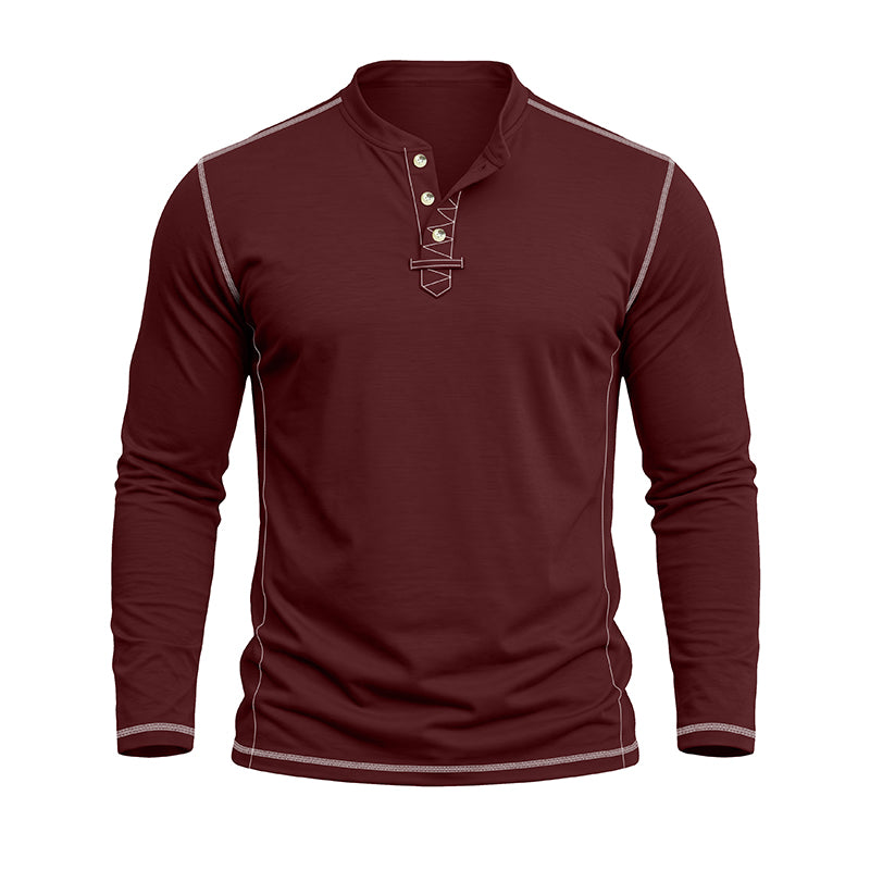 A men's long-sleeve henley shirt in maroon with light gray contrast stitching and a three-button placket, displayed on a ghost mannequin against a plain white background.