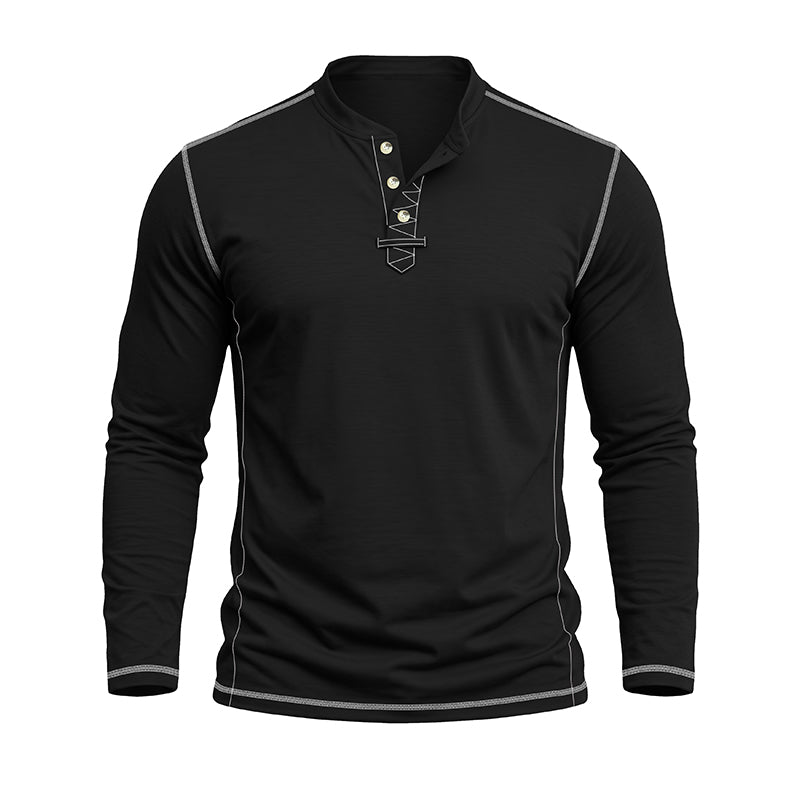 A black long-sleeve henley shirt with light gray contrast stitching and a three-button placket, displayed on a white background.