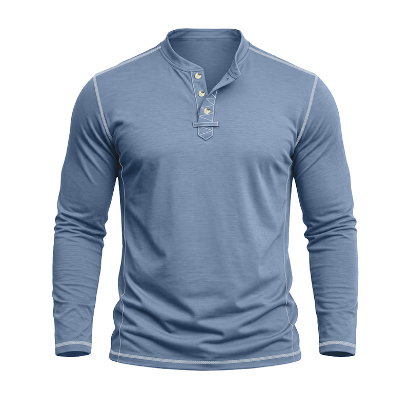 A men's long-sleeve henley shirt in heathered light blue, featuring a three-button placket with gold-colored buttons and subtle light gray piping details along the shoulders and cuffs.