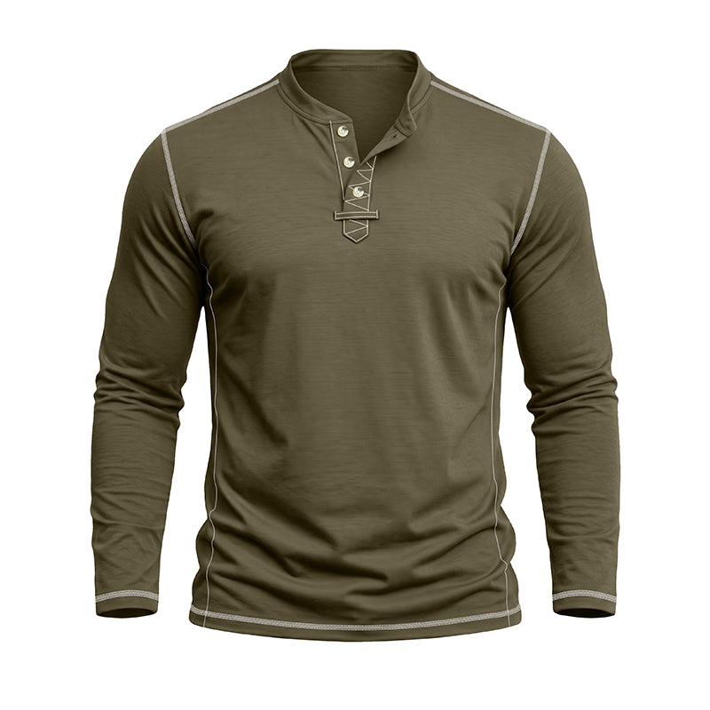An olive green long-sleeve henley shirt with light gray contrast stitching and a three-button placket, displayed on a white background.