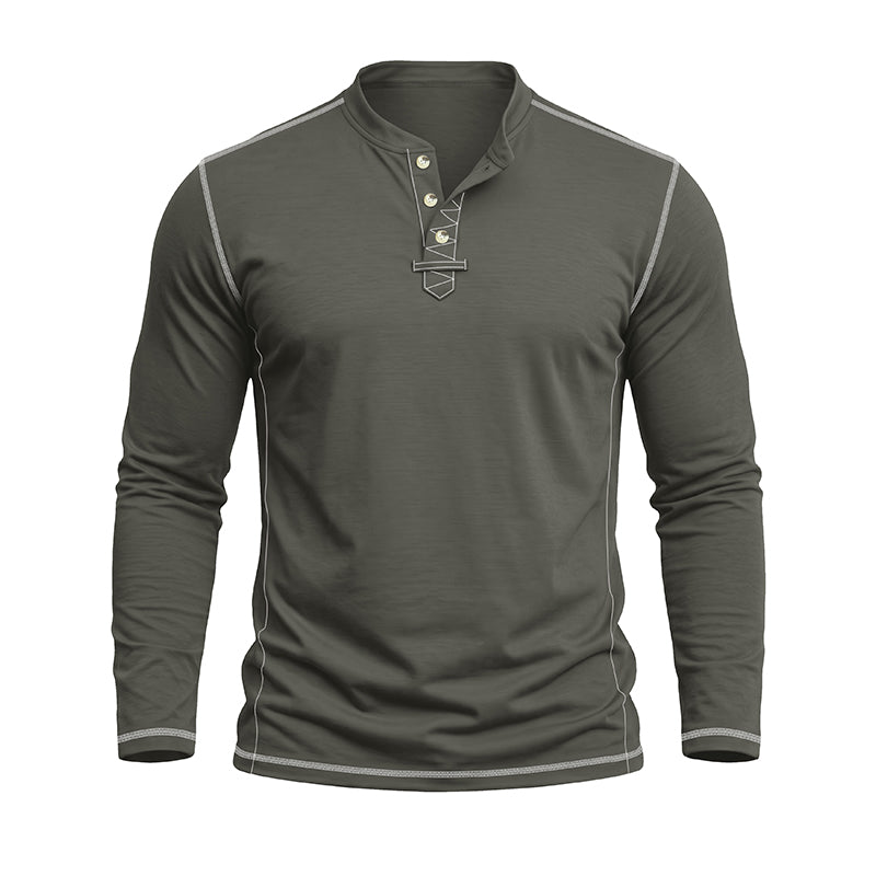 A men's long-sleeve henley shirt in dark olive green with light gray contrast stitching and a three-button placket, shown on a plain white background.